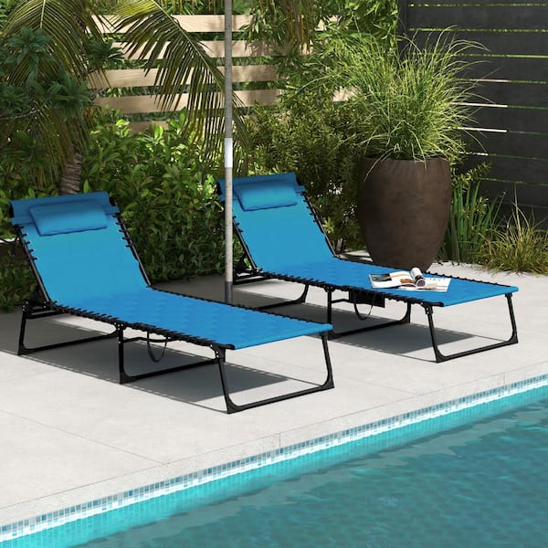 Sudzendf Folding Sky-Blue Oxford Fabric Outdoor Tanning Chair with Padded Seat, Side Pocket and Headrest