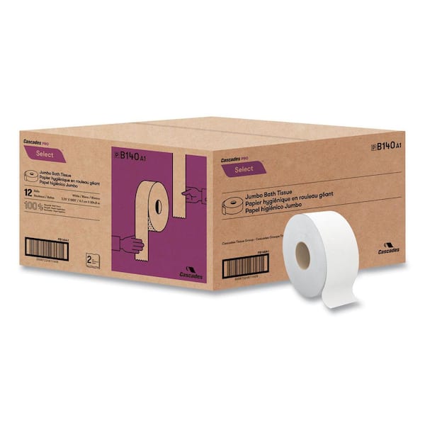Select Jumbo Toilet Paper, Septic Safe, 2-Ply, White, 3.3 in. x 1000 ft, 12 Rolls/Carton