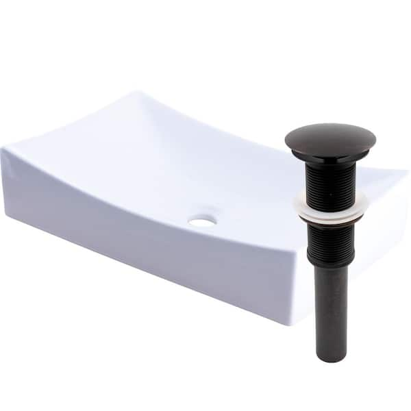 Novatto Modern Porcelain Rectangle Vessel Sink in White with Umbrella Drain in Oil Rubbed Bronze