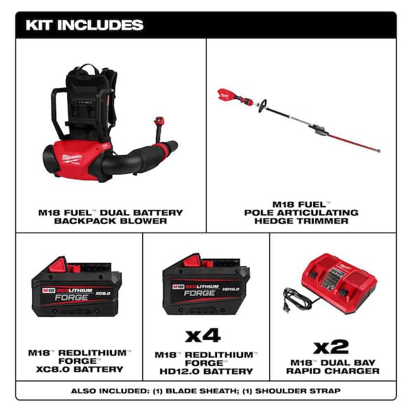 M18 FUEL 18V Brushless Cordless Dual Battery Backpack Blower Kit w/ M18 Hedge Trimmer, (5) M18 Batteries, (2) Chargers