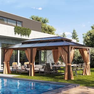 20 ft. x 12 ft. Outdoor Brown Polycarbonate Double Roof Gazebo with Curtains and Netting for Garden, Lawns, Patio