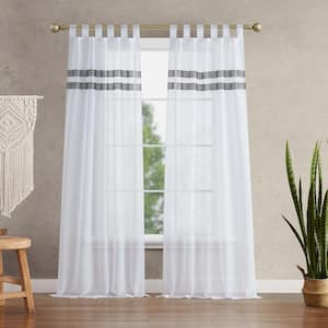 Milly Bling White Faux Linen 38 in. W x 84 in. L Tab Top Sheer Tiebacks Curtain (2-Panels and 2-Tiebacks)