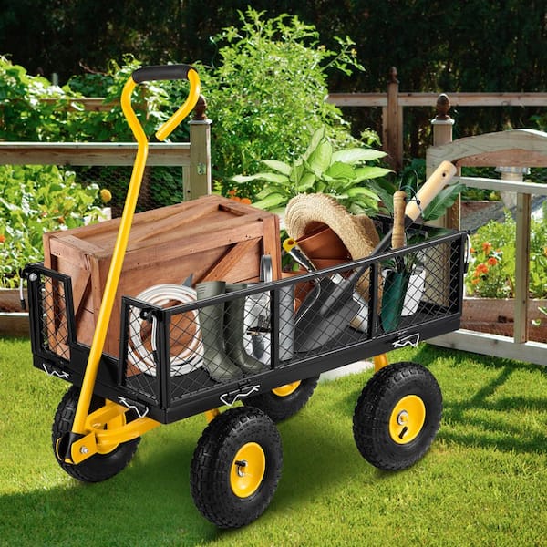 3.8 cu. ft. Steel Garden Cart Heavy-Duty 900 lbs. Capacity Utility Metal Wagon with 180° Rotating Handle & 10 in. Tires