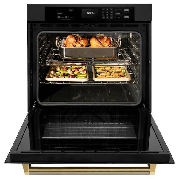Autograph 30 in. True Convection Single Wall Oven with Air Fry in Black Steel with Polished Gold Helix Handle