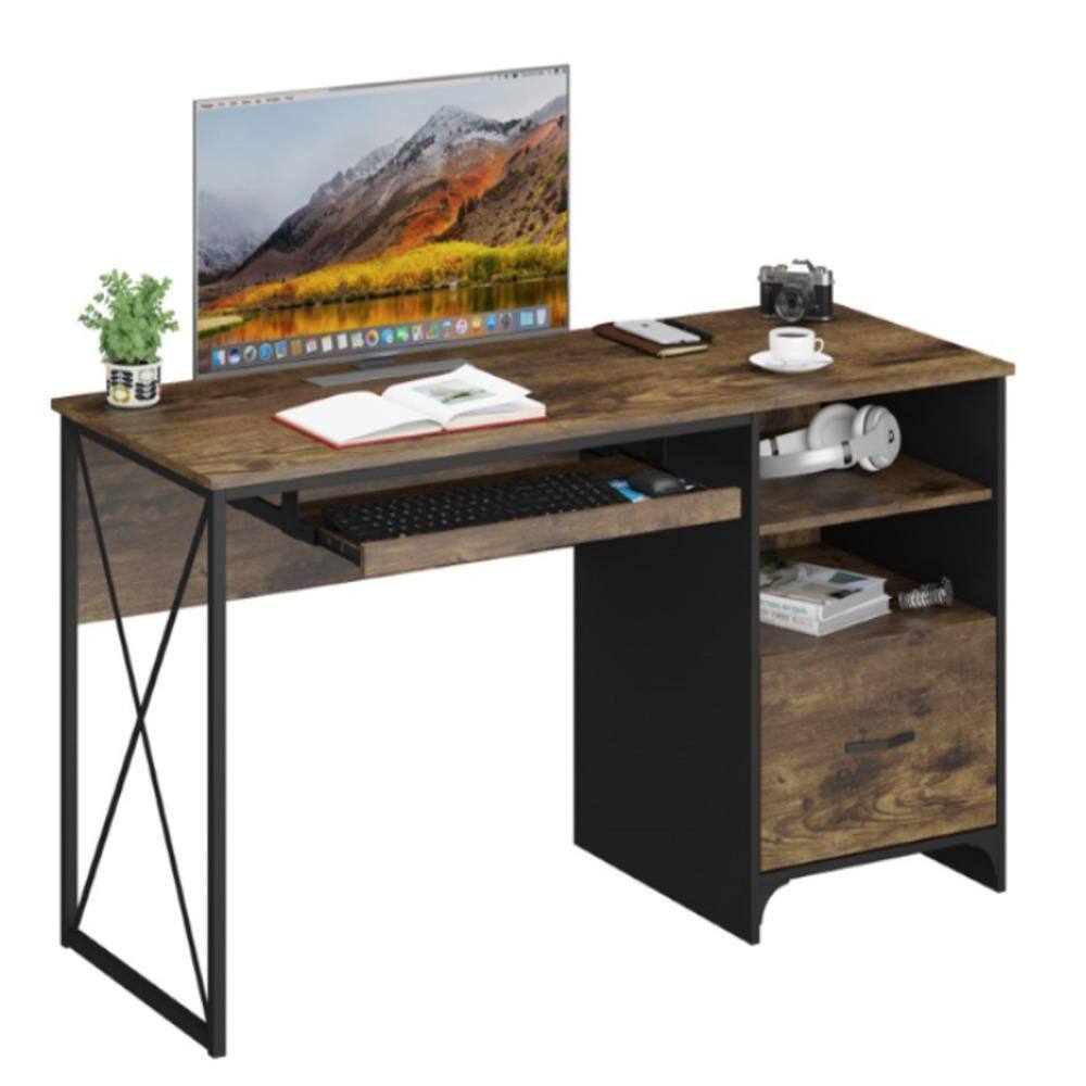 48 in. Rectangular Rustic Brown Reversible Office Desk with Drawer and Pull-Out Shelf, Writing Desk with Keyboard Tray