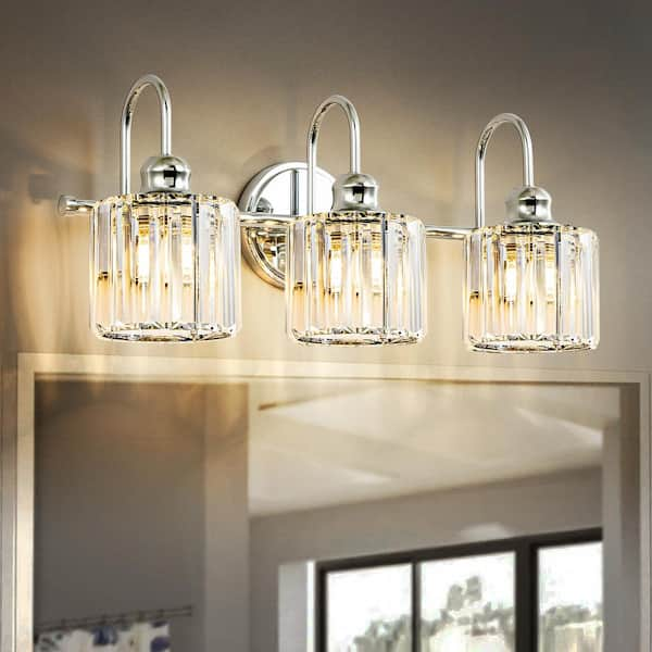 RRTYO Avenlur 21.3 in. 3-Light Chrome Dimmable Glam Crystal Bathroom Vanity Light Over Mirror Vintage Luxury Linear Wall Light