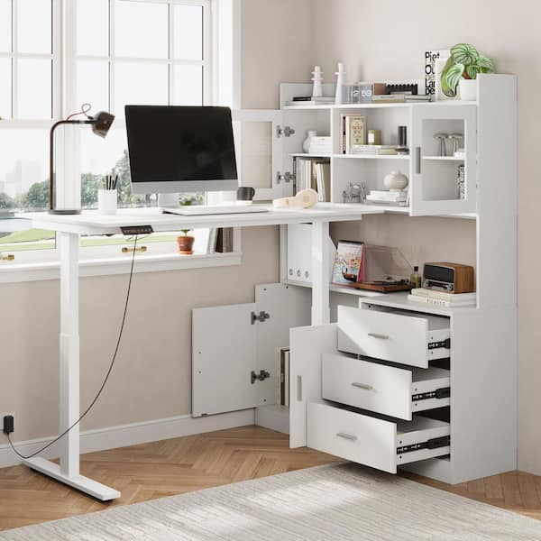 FUFU&GAGA 68.5 in. W L-Shaped White Wood 3-Drawer Electric