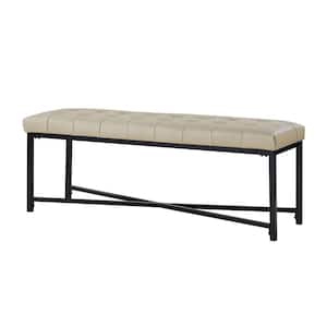 Cristian Beige Genuine Leather Tufted Bedroom Bench with Metal Legs