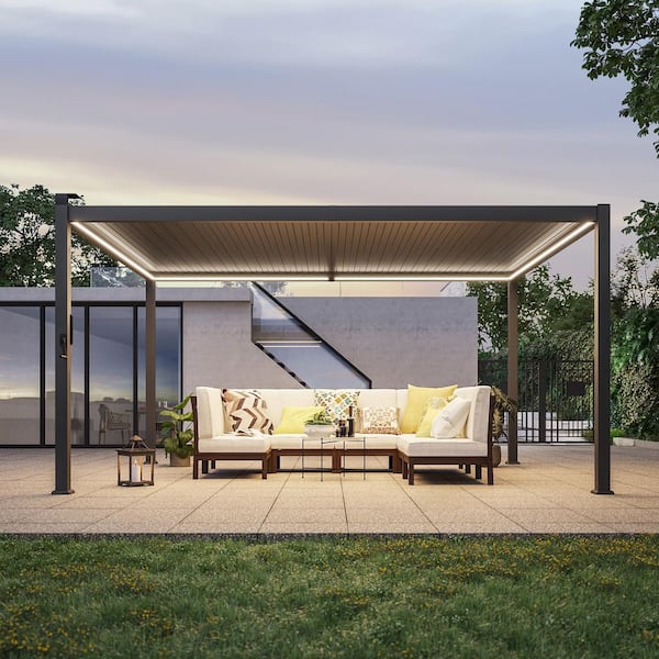 Sonkuki 12 ft. x 14 ft. Gray Metal Louvered Patio Pergola with