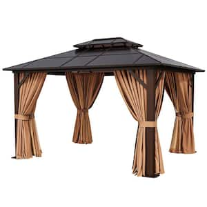 10 ft. x 12 ft. Hardtop Outdoor Double Roof Gazebo with Netting and Curtains for Backyard