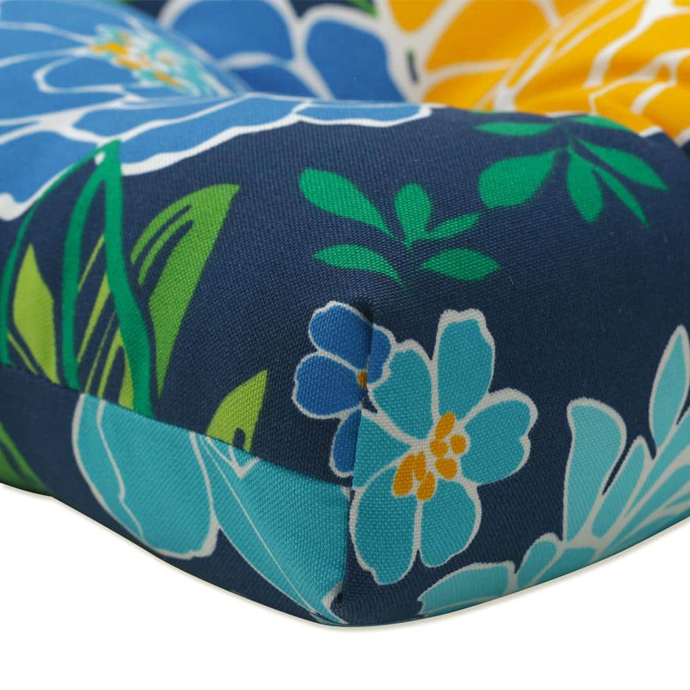 Floral Blue and Yellow Tufted Polyester Chair Pads, Set of 2