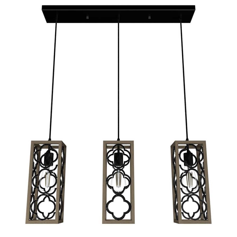 French Oak and Black Aluminum 3-Light Pendant
