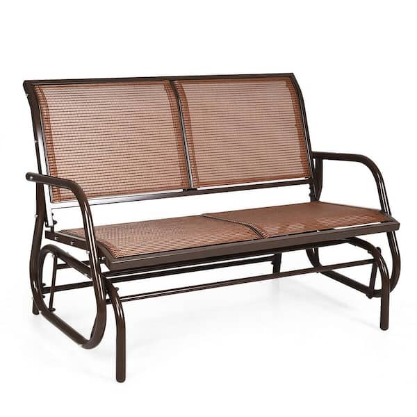 WELLFOR 2-Person Black Metal Outdoor Glider in Brown Seat