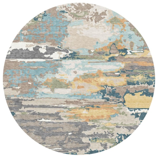 Chantille Machine Washable Indoor/Outdoor Abstract ACN2995 Taupe 8 ft. x 8 ft. Round Rug