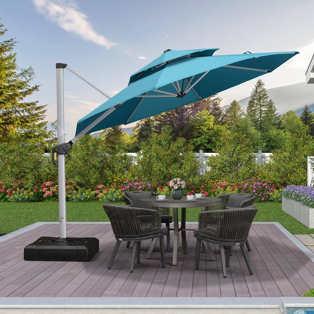 10 ft. Octagon High-Quality Aluminum Cantilever Polyester Outdoor Patio Umbrella with Stand, Turguoise Blue