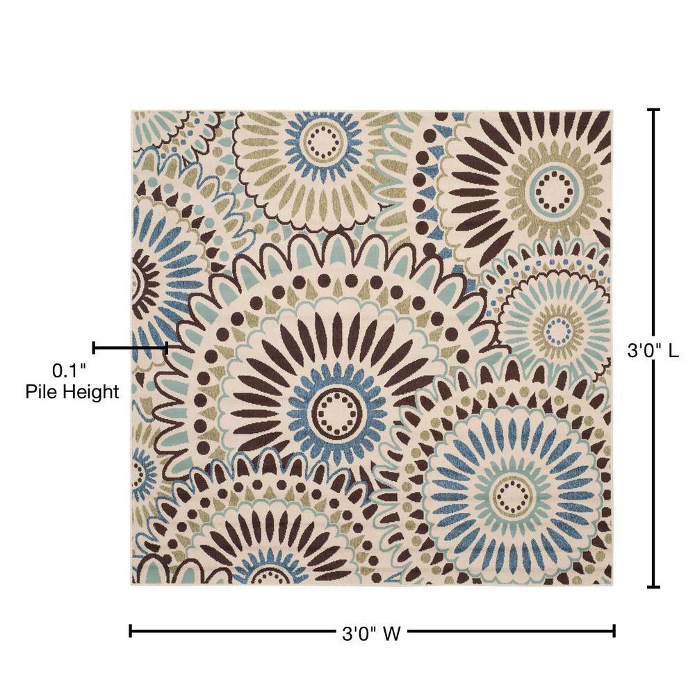 Cream and Blue Geometric Square Indoor/Outdoor Rug