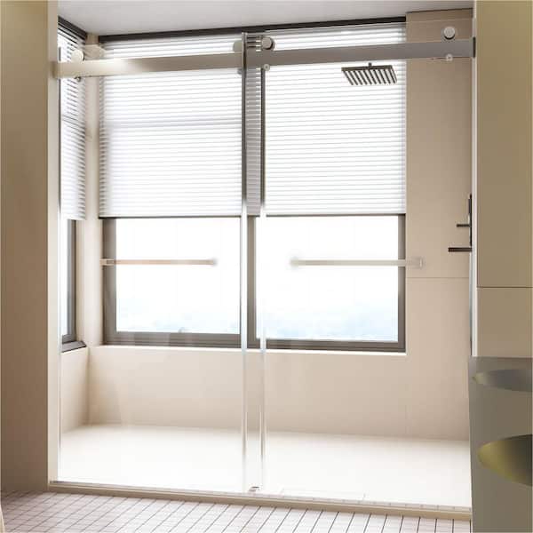 ANGELES HOME 68-72 in. W x 76 in. H Sliding Semi-Frameless Shower Door in Chrome Finish with Clear Glass, 3/8 in. (10 mm)