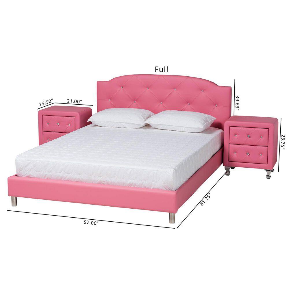 Pink Faux Leather Upholstered Full Size Bed with Nightstands