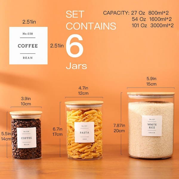 Anqtovp 6-Pack Borosilicate Glass Storage Jar Set with Bamboo Lids