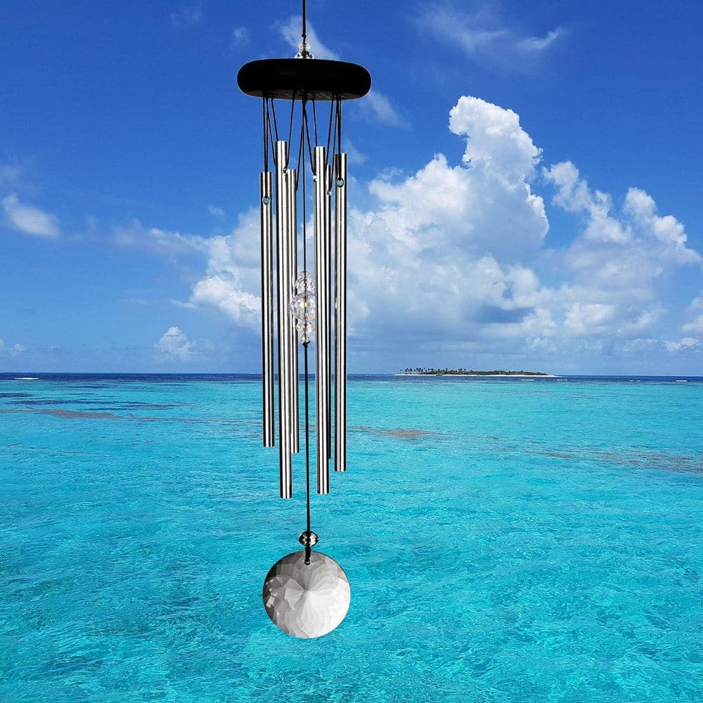 Silver Polished Aluminum Meditation Wind Chime with Crystal Accents