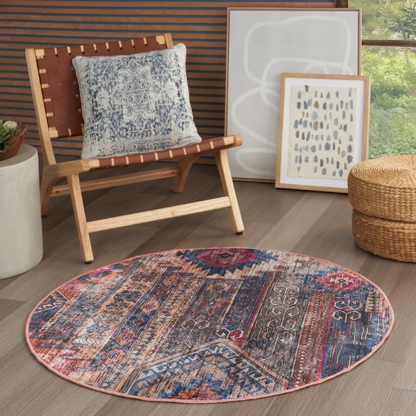 Machine Washable Series 1 Multicolor 5 ft. x 5 ft. Distressed Traditional Round Area Rug