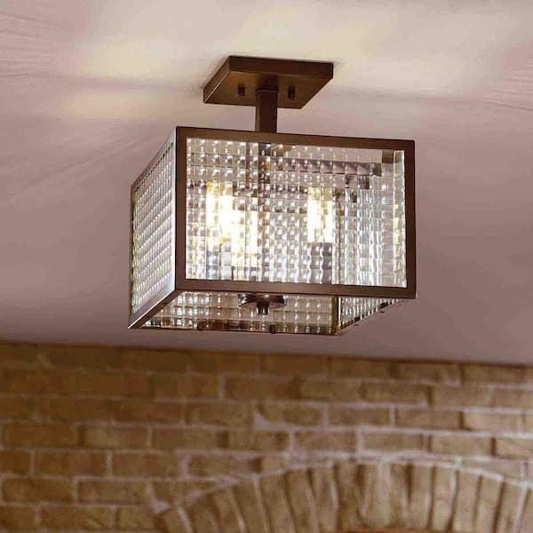 Home Decorators Collection 12 in. 3-Light Oil-Rubbed Bronze Semi-Flush Mount with Etched Clear Glass Shades