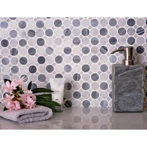 Gray and White 12.7 in. x 12.7 in. Penny Round with Dot Polished Marble Mosaic Tile (5.60 sq. ft./Case)