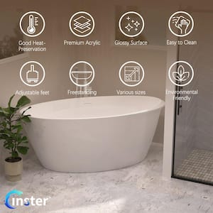 59 in. Acrylic Oval Shaped Curve Edge Soaking Freestanding Flatbottom Non-Whirlpool Bathtub in Gloss White