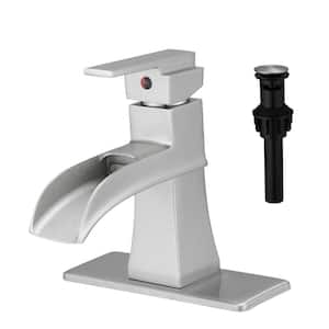 Modern Waterfall SingleHandle Single Hole BathroomFaucet with Deckplate Included and DrainKit Included in Brushed Nickel