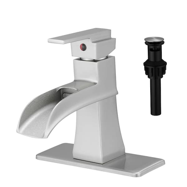 Lukvuzo Modern Waterfall SingleHandle Single Hole BathroomFaucet with Deckplate Included and DrainKit Included in Brushed Nickel
