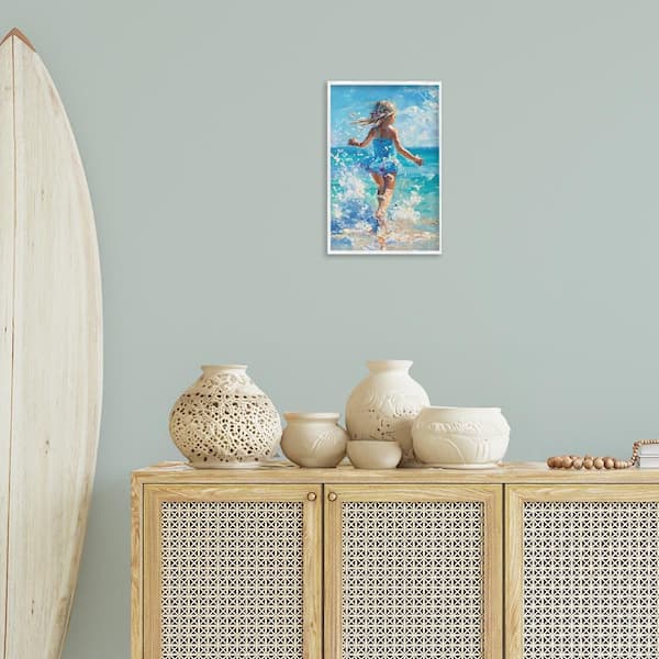 Girl Splashing on Shore by LSR Design Studio White Framed People Giclee Art Print 18 in. x 12 in.