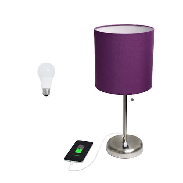 Creekwood home 19.5 in. Contemporary Bedside USB Port Base Standard Metal Table Desk Lamp in Brushed Steel, Purple Shade, with LED Bulb