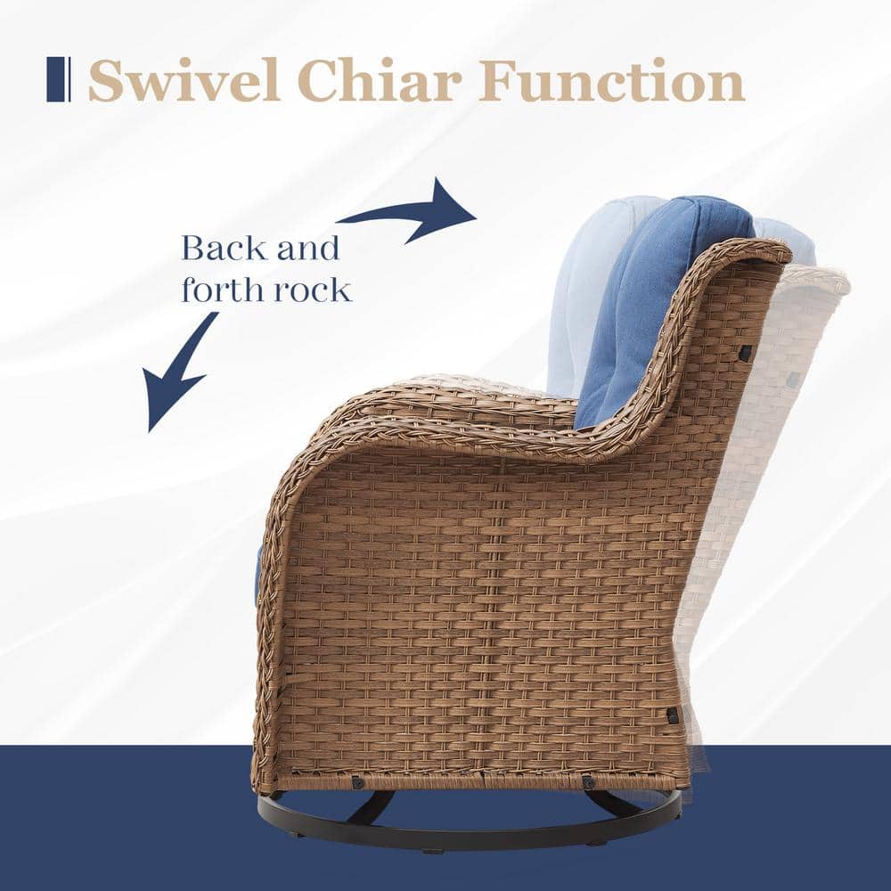Yellow Wicker Outdoor Rocking Chair with Blue Cushions