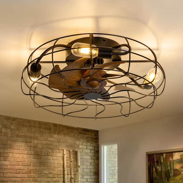 Lamober Urban 19 in. Indoor Black Low Profile Farmhouse Caged Bladeless Ceiling Fan with 4-Light Remote and Wood Grain Blades
