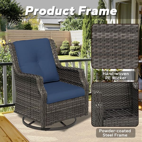 3-Piece Wicker Patio Swivel Rocking Chair Outdoor Bistro Set with Blue Cushions