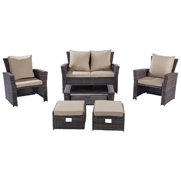 Unbranded Modern 6-Piece Plastic Patio Conversation Set with Beige Cushion