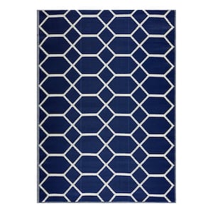 Miami Navy and Creme 10 ft. x 14 ft. Folded Reversible Recycled Plastic Indoor/Outdoor Area Rug-Floor Mat