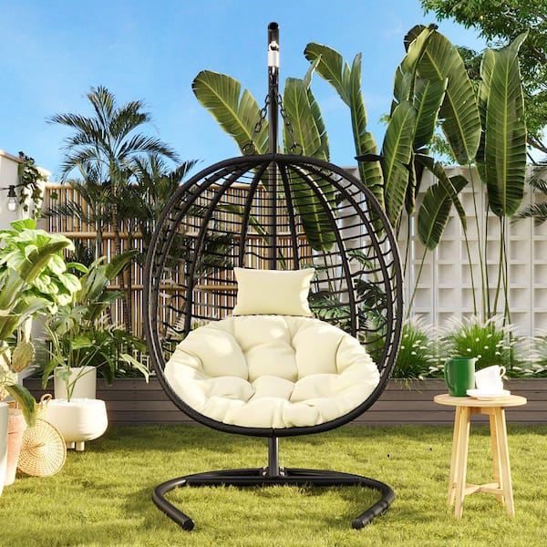 3.15 ft. Folding Hammock Egg Chair with Stand, Beige Cushion, Wicker Hanging Swing Chair