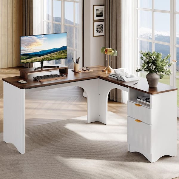 55 in. White and Walnut L-Shaped Home Office Desk with Monitor Stand, File Drawer and Open Cubby Storage