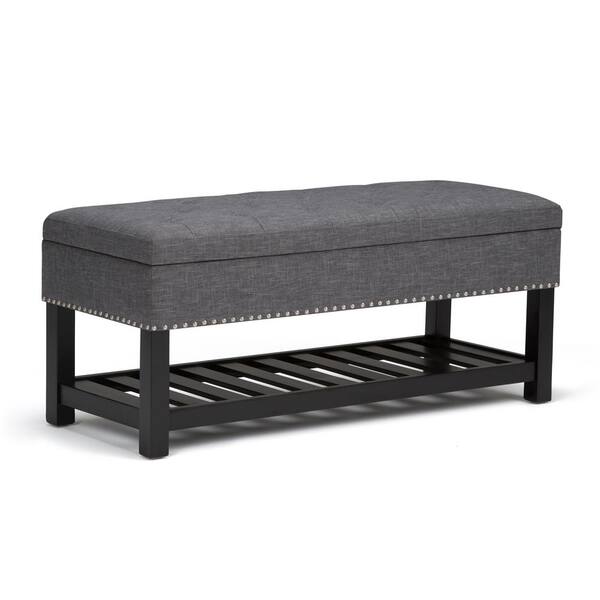 Simpli Home Lomond 43 in. Traditional Ottoman Bench in Slate Grey Linen Look Fabric