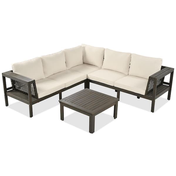 4 Pieces Wood Outdoor Sectional, Woven Mesh Armrests, L-Shaped Patio Furniture Sofa Set with Table, Cushions, Beige
