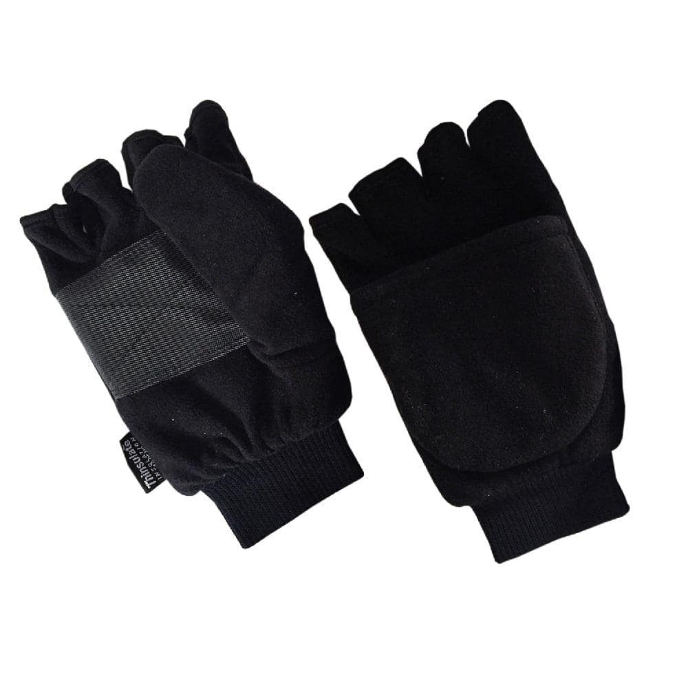 Mens Winter Convertible Gloves Fingerless Flip Mittens Glomitts With Thick Thermal Warm Polar Fleece 