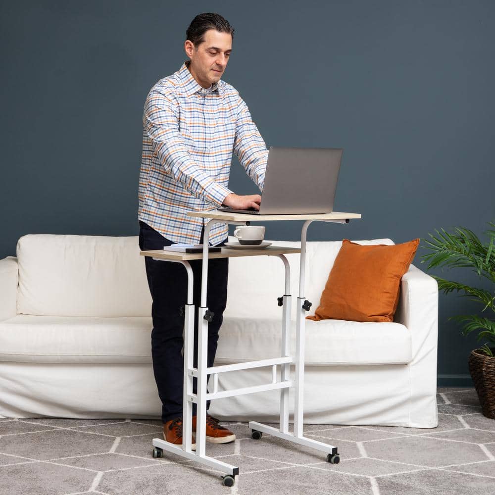 White Adjustable Height Mobile Standing Desk with Keyboard Tray