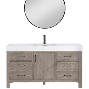 León 60 in. W x 22 in. D x 34 in. H Single Sink Bath Vanity in Fir Wood Grey with White Composite Stone Top and Mirror