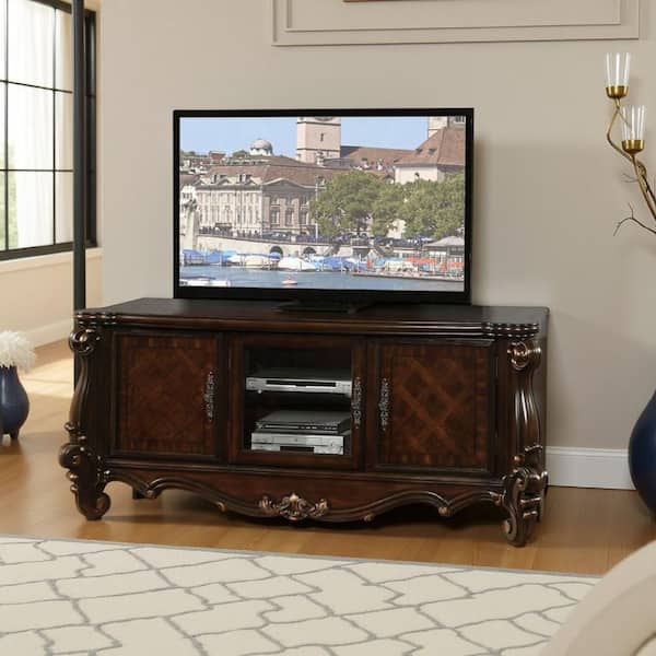 74 in. Cherry Oak Brown Wood TV Stand Fits TVs up to 72 in. with 3-Doors