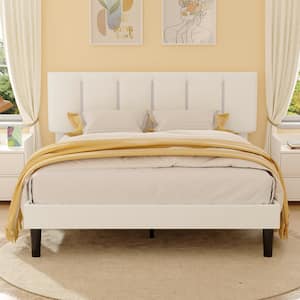 Upholstered Bed, Modern Platform Bed with Adjustable Headboard, Heavy-Duty Tufted Queen Bed Frame with Wood Slat, White