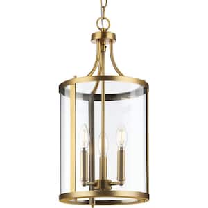 Gilliam 10 in. 3 -Light Vintage Brass Hall and Shade Panel Foyer Light