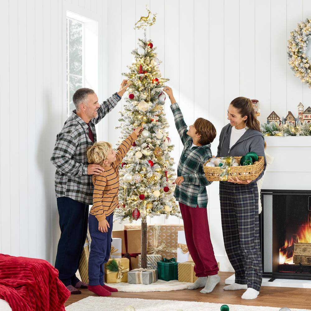 6ft Pre-Lit Snow Flocked Slim Pencil Alpine Christmas Tree with LED Lights and Metal Stand