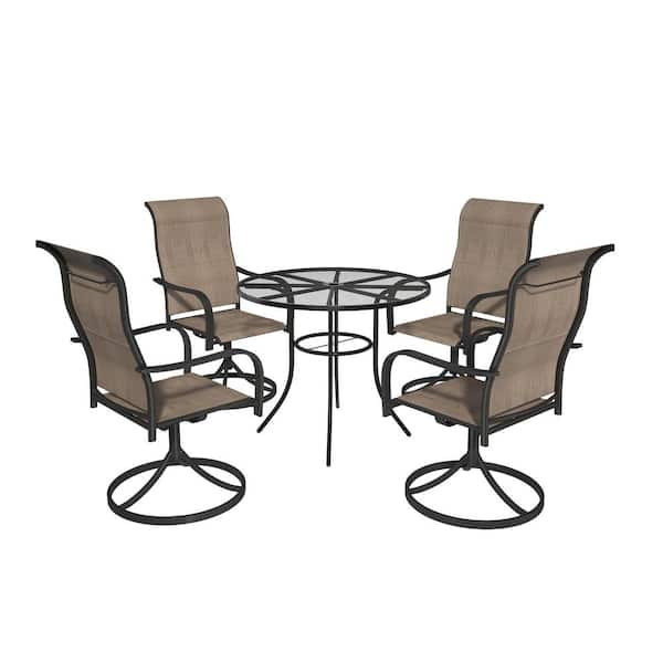 5-Piece Steel Textiliene Swivel Chair Round Table 29.5 in. Height Outdoor Dining Set with Umbrella Hole