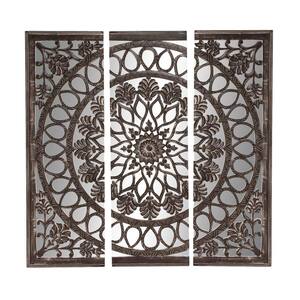 Wood Black Handmade Carved Mandala Floral Wall Decor with Mirrored Back Frame (Set of 3)
